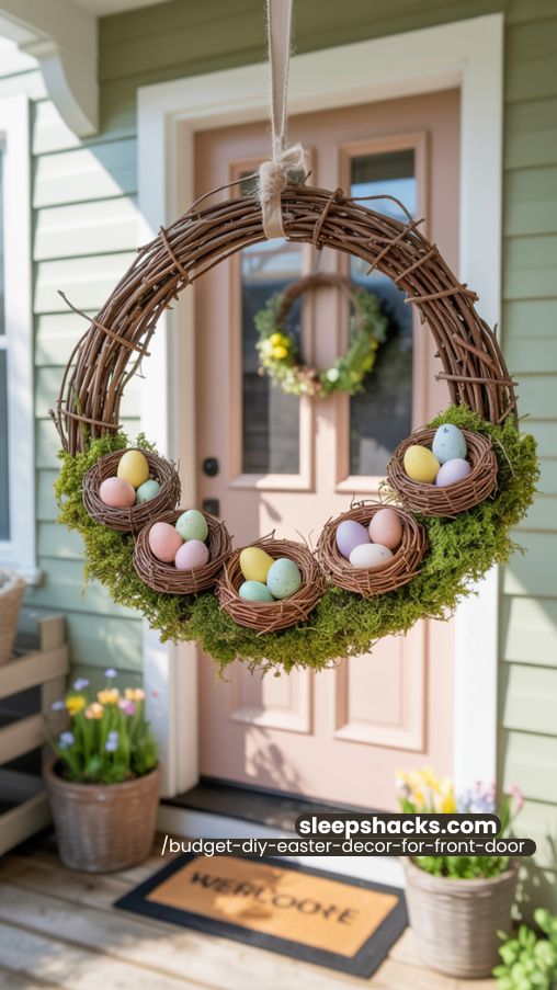 Bird’s Nest Easter Wreath with Mini Eggs for a Storybook Front Door