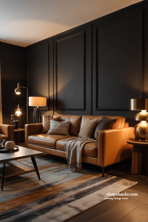 Black and Camel Timeless Contrast Moody Living Room