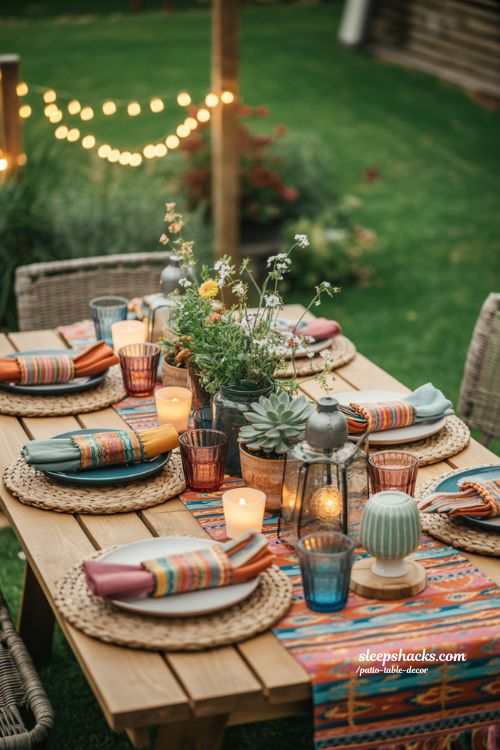 Bohemian Garden Patio Table Decor With Colorful Layers And Lanterns