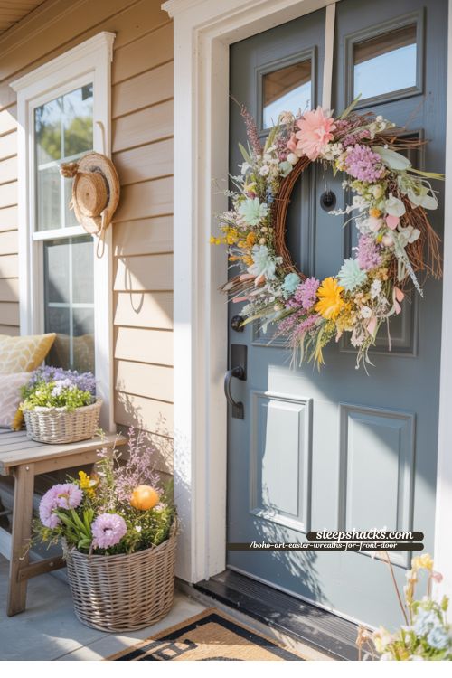 Boho Art Easter Wreath on Front Door Spring Porch Decor