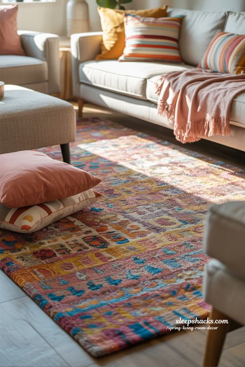 Boho Living Room with Vibrant Accent Rug and Coordinated Textiles