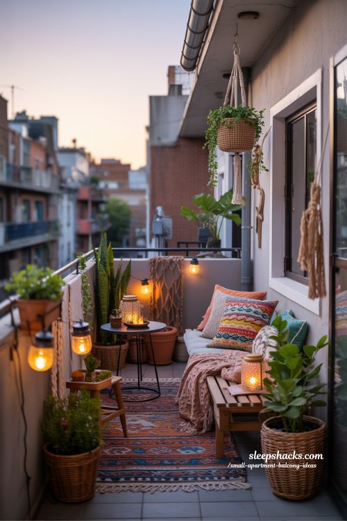 Boho Small Apartment Balcony With Patterned Rug Macrame Plants And Cozy Pillows