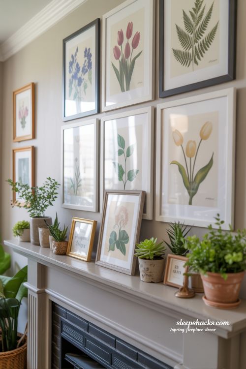 Botanical Art Prints Above the Fireplace for a Fresh Spring Vibe