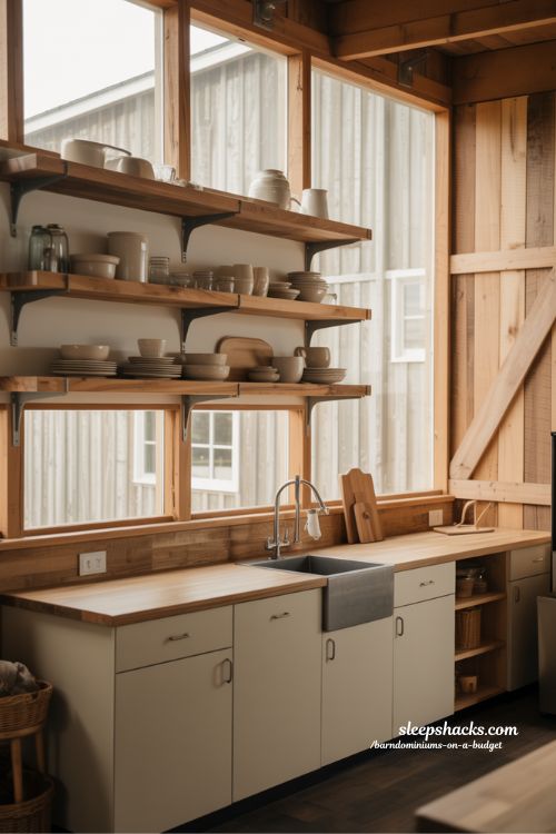 Budget Barndominium Kitchen with Open Shelving Design