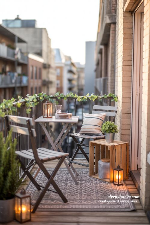 Photorealistic small apartment balcony evening photography highlighting dreamy layered lighting in a tiny urban balcony space, warm glowing globe string lights draped along the balcony railing, small round table with a decorative lantern casting soft light, additional solar lantern placed on the floor creating gentle ambient glow, cozy foldable chair with soft cushion and light throw nearby, subtle greenery in railing planters adding natural texture, deep blue twilight sky and soft city lights blurred in the background, layered lighting at overhead tabletop and floor levels creating depth and warmth, intimate relaxing atmosphere perfect for evening relaxation, professional home decor photography, Pinterest aesthetic composition, ultra realistic textures of fabric wood and glass lanterns, warm color tones, shallow depth of field, cinematic cozy mood, 4k high detail
