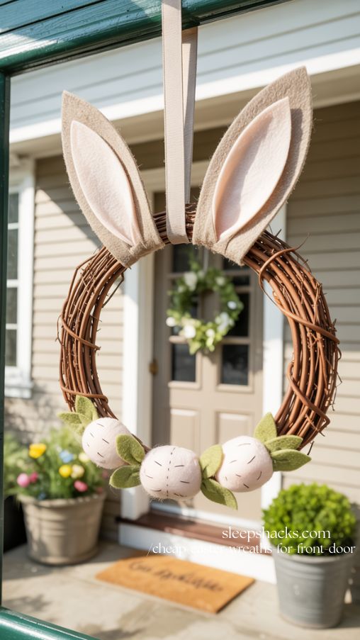 Bunny Ear Surprise Cheap Easter Wreath on Front Door