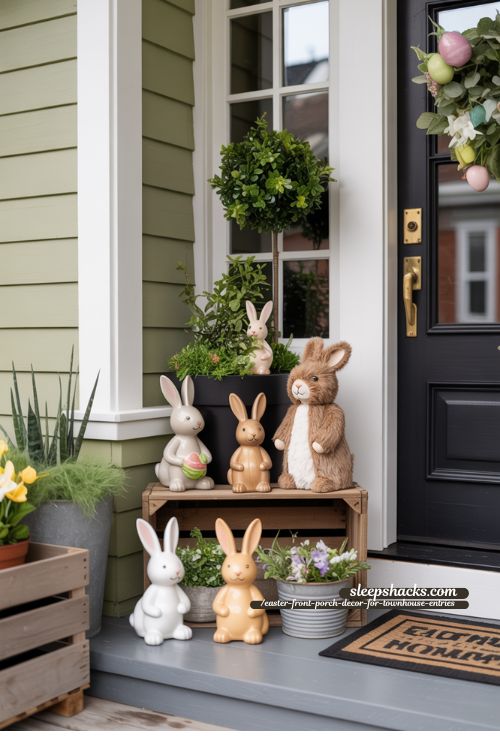 Bunny Figurine Corner for Easter Townhouse Front Porch