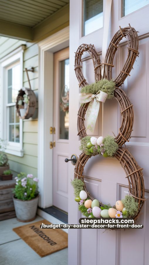 Bunny-Shaped Grapevine Easter Wreath with Moss and Pastel Eggs