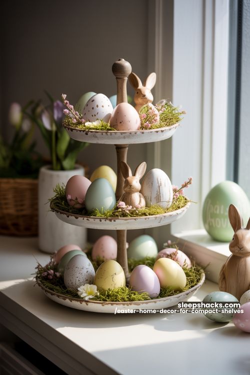 Bunny and Egg Tiered Tray Display for Compact Shelves