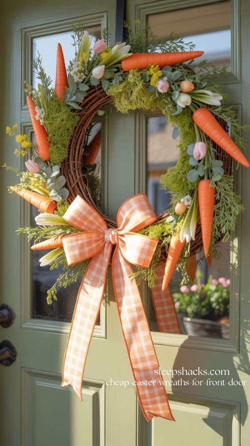 Carrot Bow Cheap Easter Wreath on Front Door
