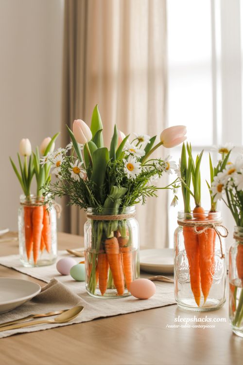 Carrot and Spring Bloom Jar Easter Table Centerpiece