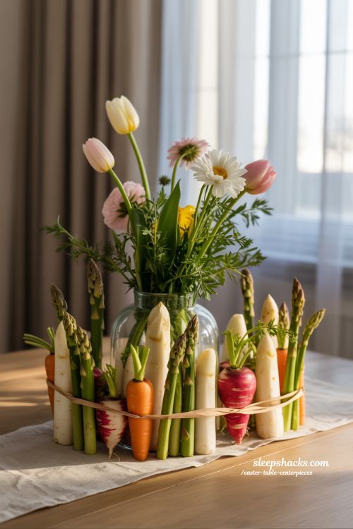 Carved Vegetable Easter Table Centerpieces with Flowers