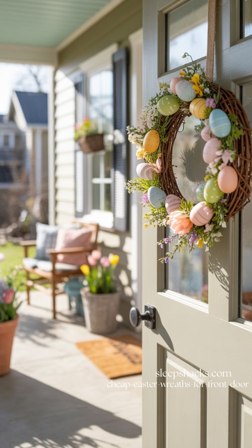 Charming Cheap Easter Wreath for Front Door on Sunlit Spring Porch