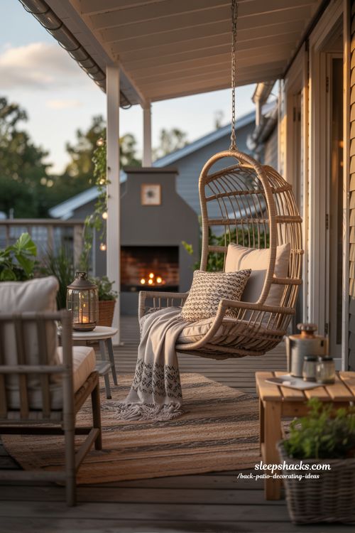 Classic Covered Porch Back Patio Ideas with Hanging Egg Chair