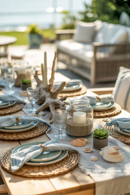 Coastal Beach-Inspired Patio Table Decor With Driftwood And Seashells