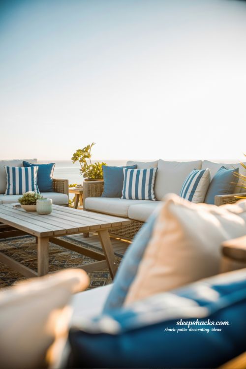 Coastal Blue Back Patio Decorating Ideas with Patterned Rug