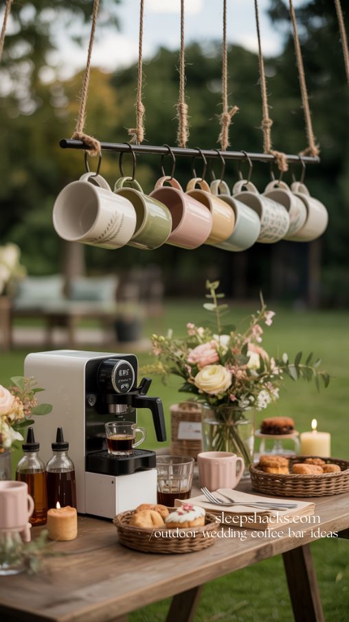 Coffee Bar with Hanging Mug Display for Outdoor Wedding