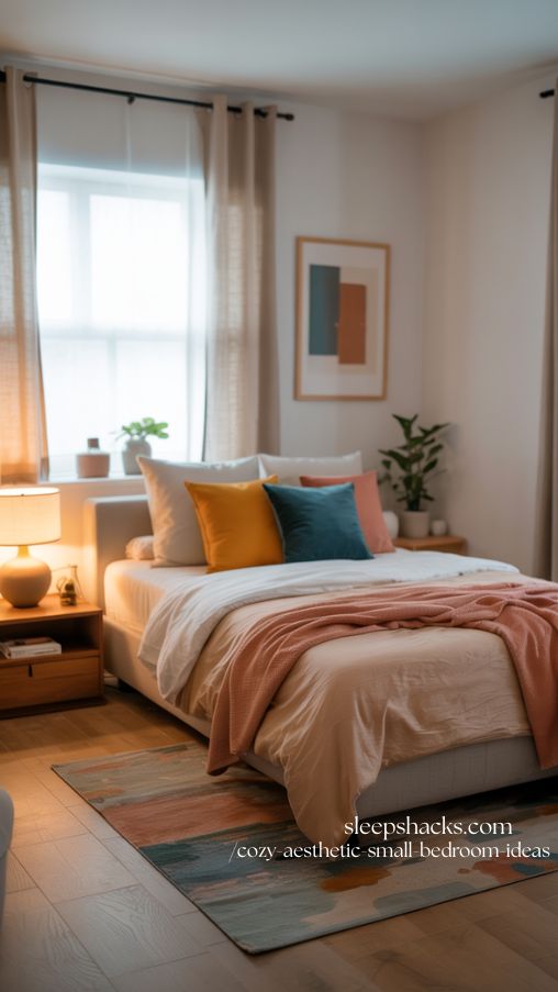 Color-Pop Cozy Small Bedroom with Neutral Base and Vibrant Accents