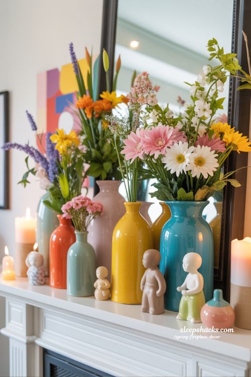 Colorful Ceramic Vases with Fresh Flowers on the Mantel for Spring