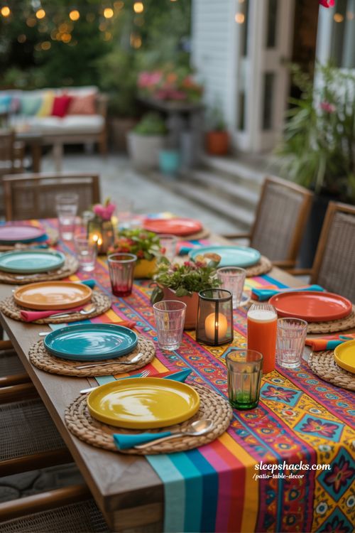 Colorful Fiesta Patio Table Decor With Bold Patterns And Lanterns