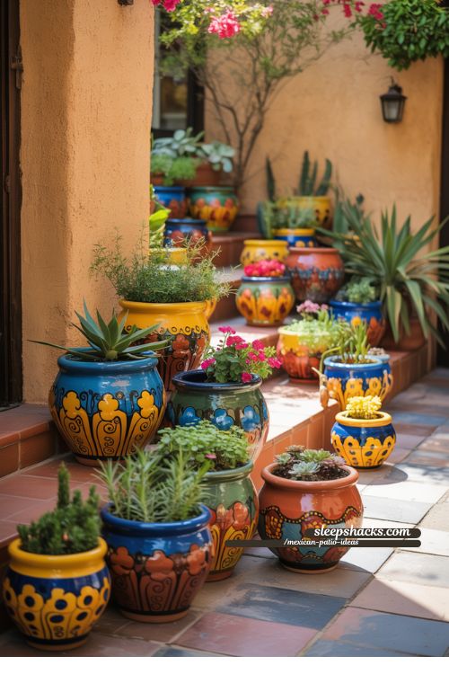 Colorful Mexican Pottery Planters Patio Display