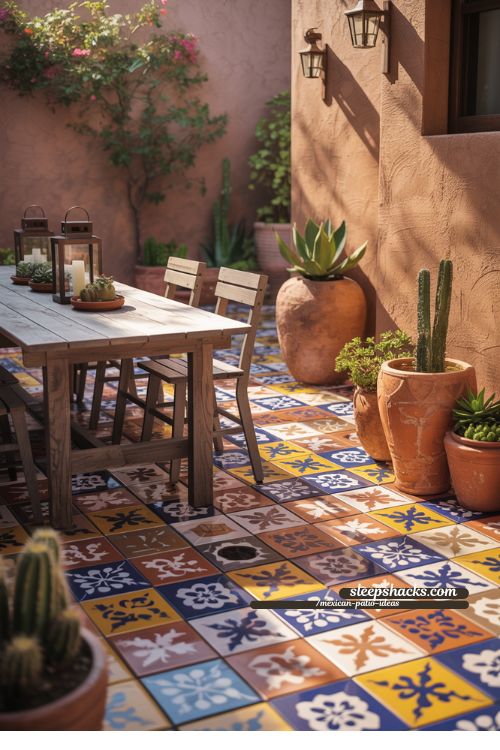 Colorful Talavera Tile Mexican Patio with Rustic Furniture and Succulents