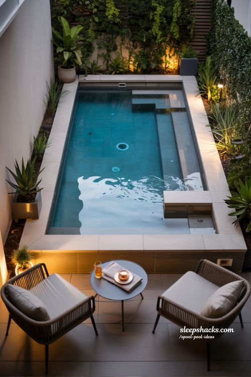 Compact L-Shaped Spool Pool with Built-In Seating for Small Yards