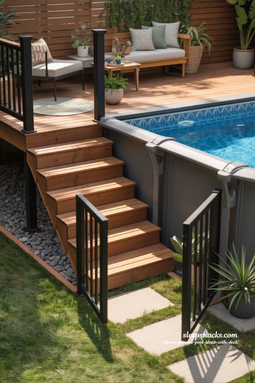 Compact Platform With Ground Level Gate Above Ground Pool Ideas
