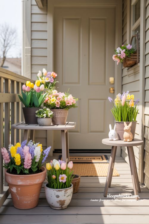 Compact Porch Flower Pots With Spring Blooms Easter Decor