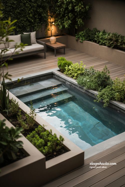 Compact Spool Pool with Built-In Planters for Small Backyards