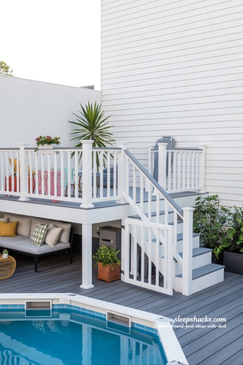 Corner Platform Deck With Gated Stairs Above Ground Pool Ideas