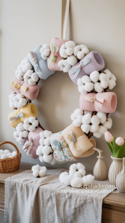 Cotton Ball and Fabric Scrap Pastel Easter Wreath