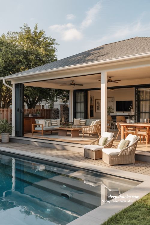 Covered Patio Pool House Guest House Combo for Year-Round Comfort