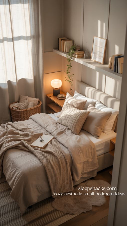 Cozy Aesthetic Small Bedroom Ideas with Warm Lighting and Layered Textures