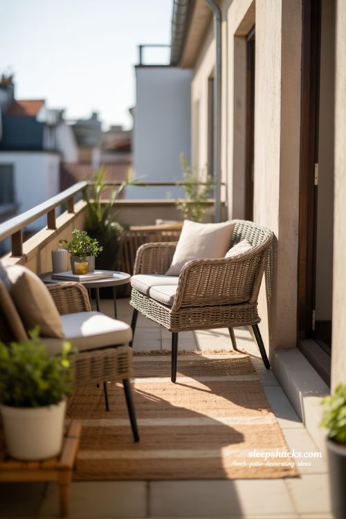 Cozy Balcony Back Patio Ideas with Compact Rattan Set