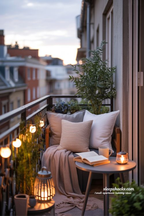 Cozy Balcony Reading Nook With Cushioned Bench And Warm String Lights