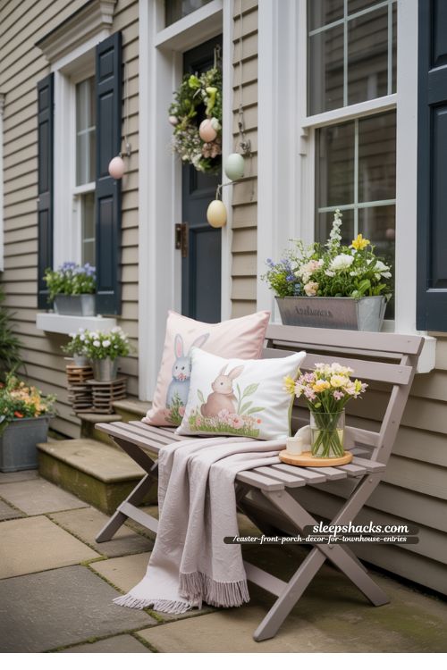 Cozy Bench with Throw Pillows for Townhouse Front Porch