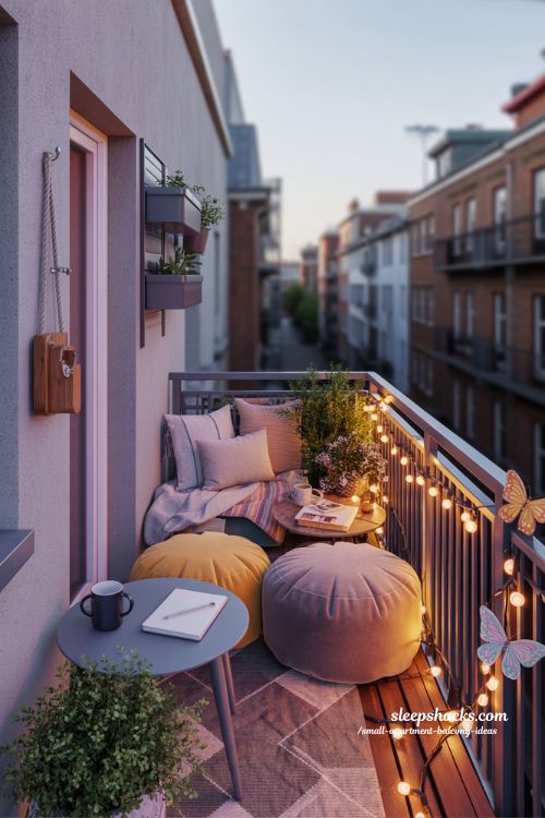 Cozy College Balcony With Corner Bench Poufs String Lights And Wall Planters