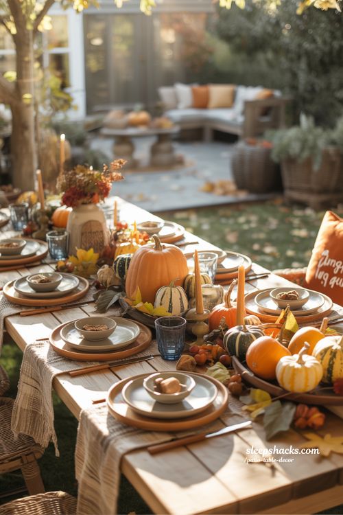 Cozy Fall Harvest Patio Table Decor With Pumpkins And Autumn Accents