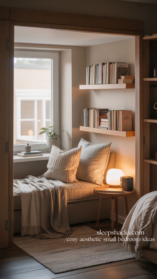 Cozy Reading Nook in a Tiny Bedroom with Layered Textiles