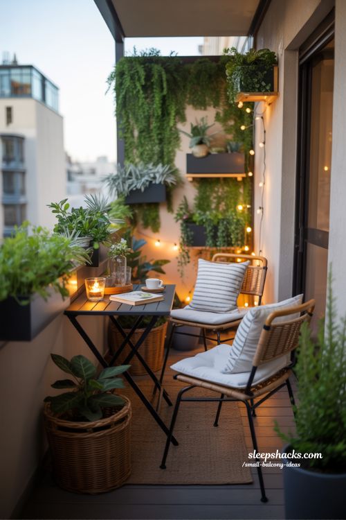 Cozy Small Balcony Ideas with Greenery and Ambient Lighting