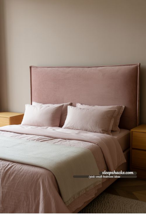 Cozy Small Bedroom With Blush Velvet Headboard And Layered Textures