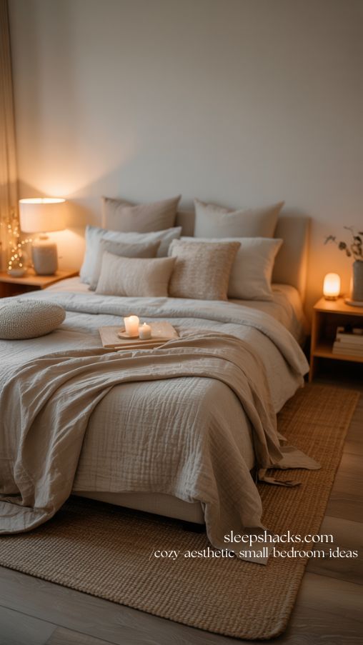 Cozy Small Bedroom with Layered Soft Lighting and Textured Bedding