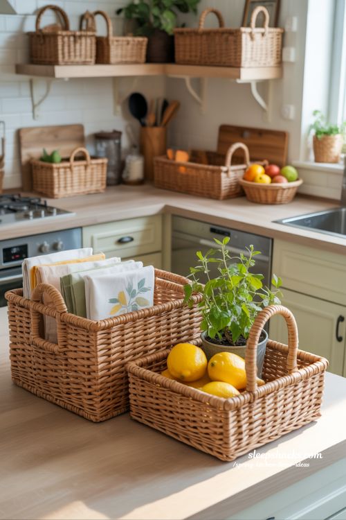 Cozy Spring Kitchen Decor with Woven Baskets