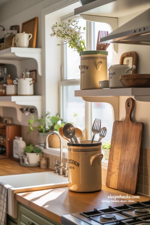 Cozy Spring Kitchen Styling with Vintage Crocks and Breadboards