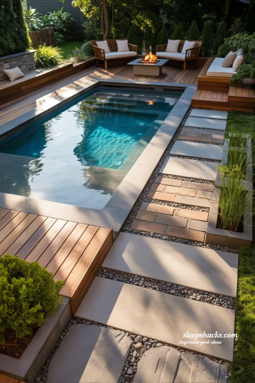 Creative Pool Decking with Wood Stone and Built In Seating for Stylish Backyard