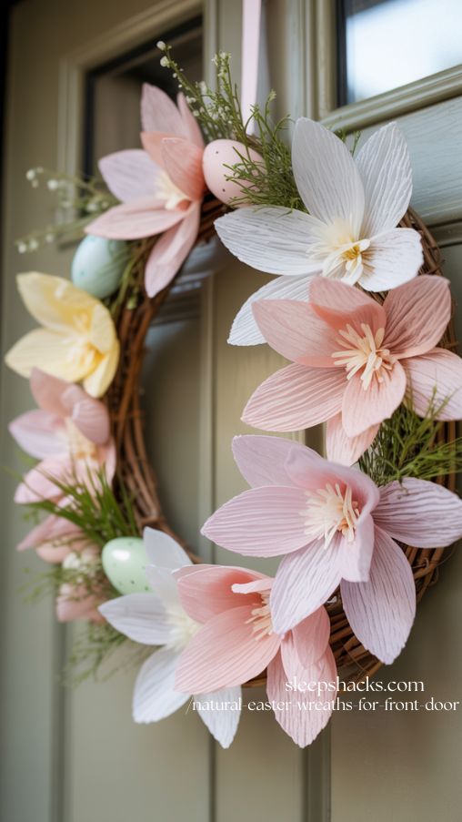 Crepe Paper Flower Wreath for Soft Elegant Easter Front Door