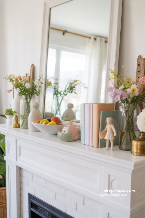 Crisp White Mantel with Seasonal Accents for a Fresh Spring Look