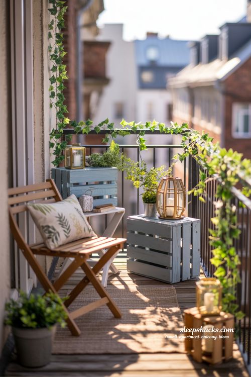 DIY Budget-Friendly Small Apartment Balcony With Painted Crates Faux Ivy And Lanterns