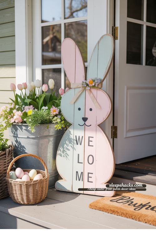 DIY Bunny Welcome Sign for Cheap Easter Front Porch Decor Ideas